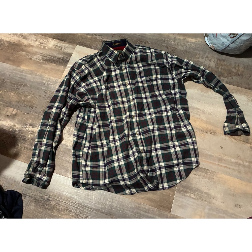 Alexander Julian Colours Mens XL Flannel Shirt Plaid Green Navy Blue Cotton L/S